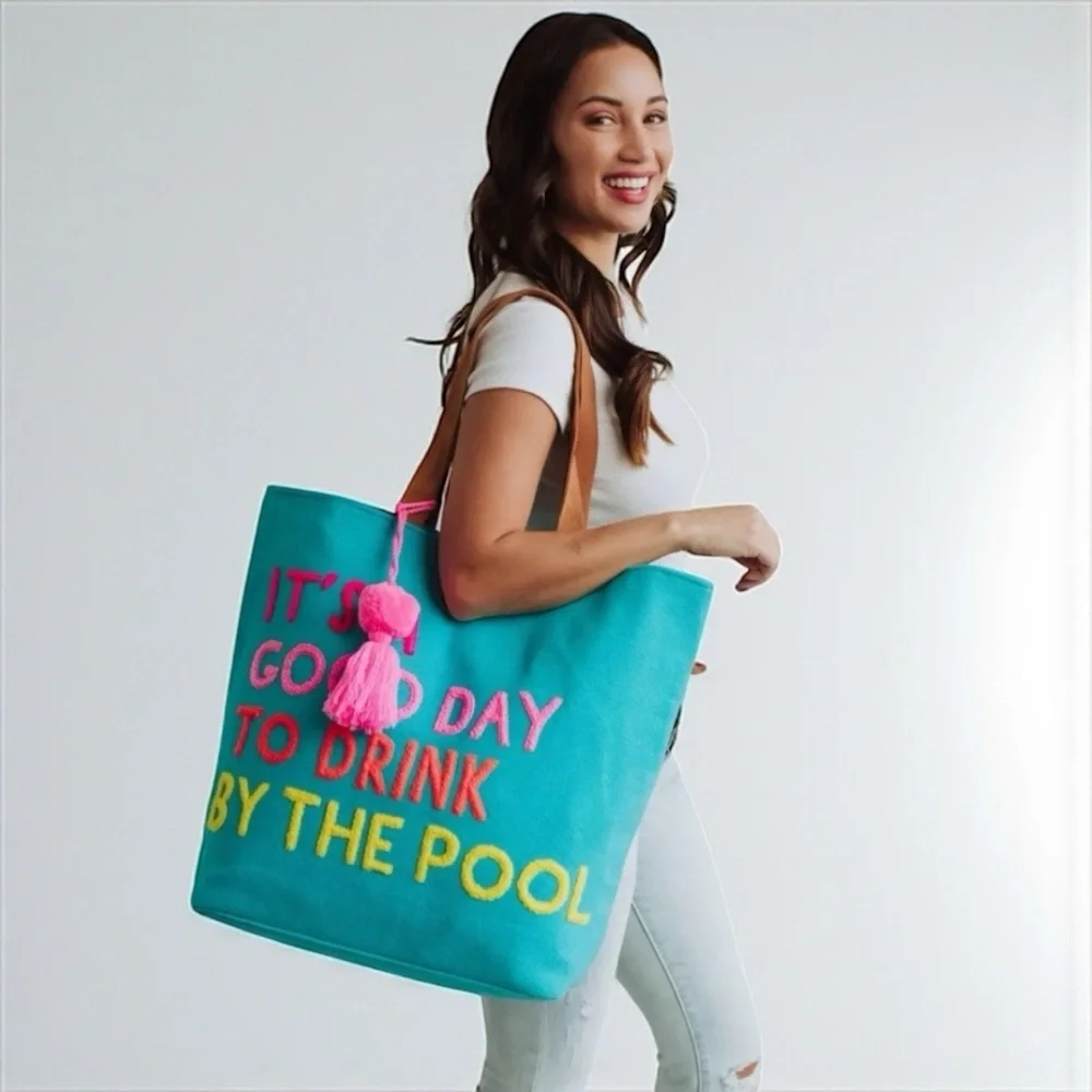 Beach Tote Bag “It’s a Good Day to Drink by the Pool” Canvas NWT